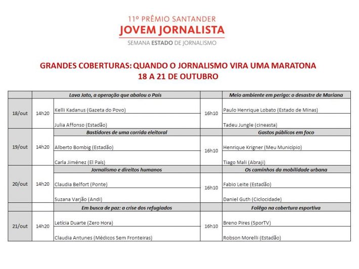 Programação da Semana Estado de Jornalismo 2016/11º Prêmio Santander Jovem Jornalista