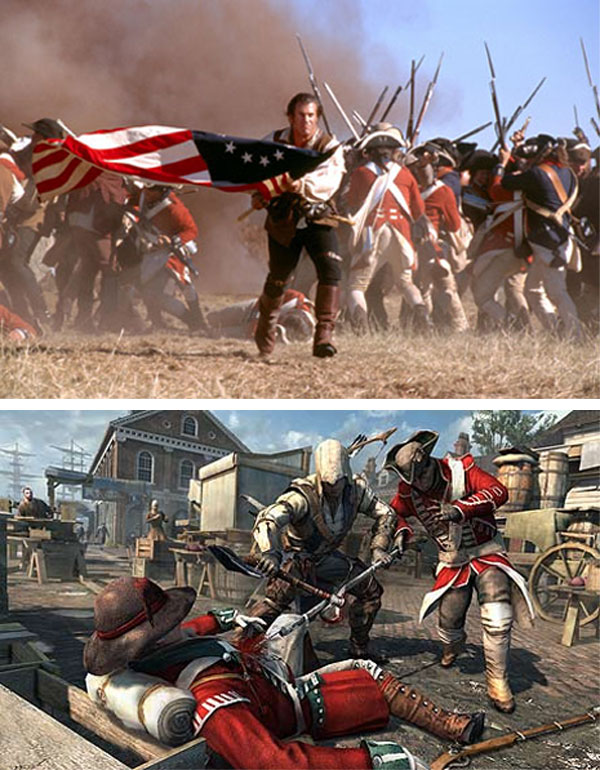 Cenas de O Patriota e de Assassin's Creed III - Imagens: divulgação e reprodução