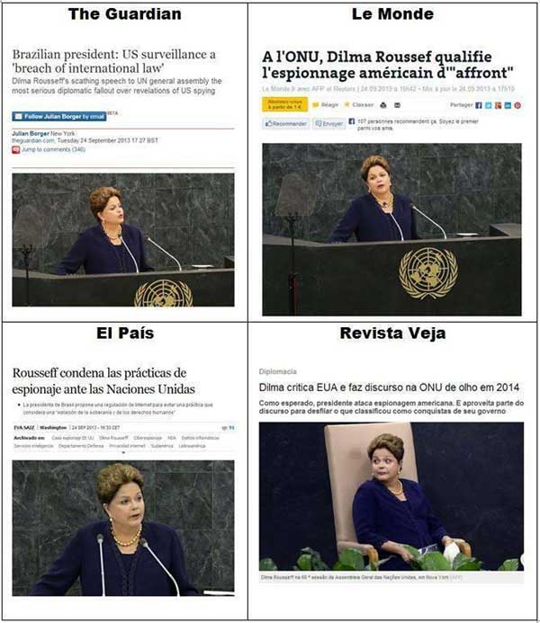 Composição mostra a diferença entre a cobertura do discurso da presidente Dilma Rousseff na ONU feita por veículos estrangeiros e pela Veja - Imagem: reprodução