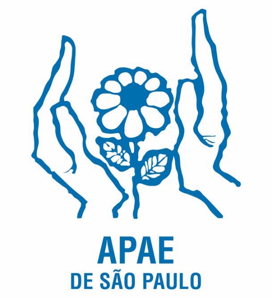 Descrição da imagem: logomarca da Apae de São Paulo. Imagem com fundo banco e desenho na cor azul. Duas mãos abraçam uma flor. O nome da instituição está logo abaixo.
