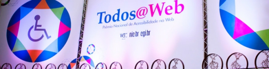 Descrição da imagem: Banner do Prêmio Nacional de Acessibilidade na Web - Todos@web. Logomarca no formato de uma estrela de oito pontas e o logo da pessoa com deficiência física. Clique na imagem para acessar o site do prêmio.