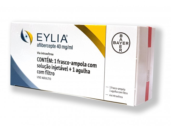 Caixa do remédio Eylia, para tratamento do Edema Macular Diabético (EMD), fabricado pela Bayer. Crédito: Reprodução.