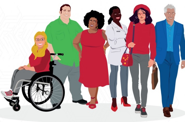 Ilustração com uma mulher branca e de cabelos loiros em cadeira de rodas, um homem branco obeso, uma mulher negra de vestido vermelho, outra mulher negra de roupa branca, uma mulher de traços orientais e um homem idoso.