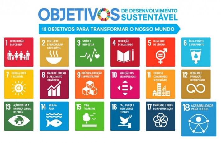 Card com fundo branco e uma ilustração colorida com 18 quadrados, com os Objetivos de Desenvolvimento Sustentável da ONU. Acessibilidade é o 18º. Clique na imagem para assinar a petição online.