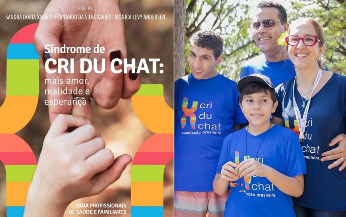 Montagem com duas fotos. à esquerda, a capa do livro e à direita, um casal com dois filhos, todos usando camisa azul com o nome da síndrome de Cri Du Chat.