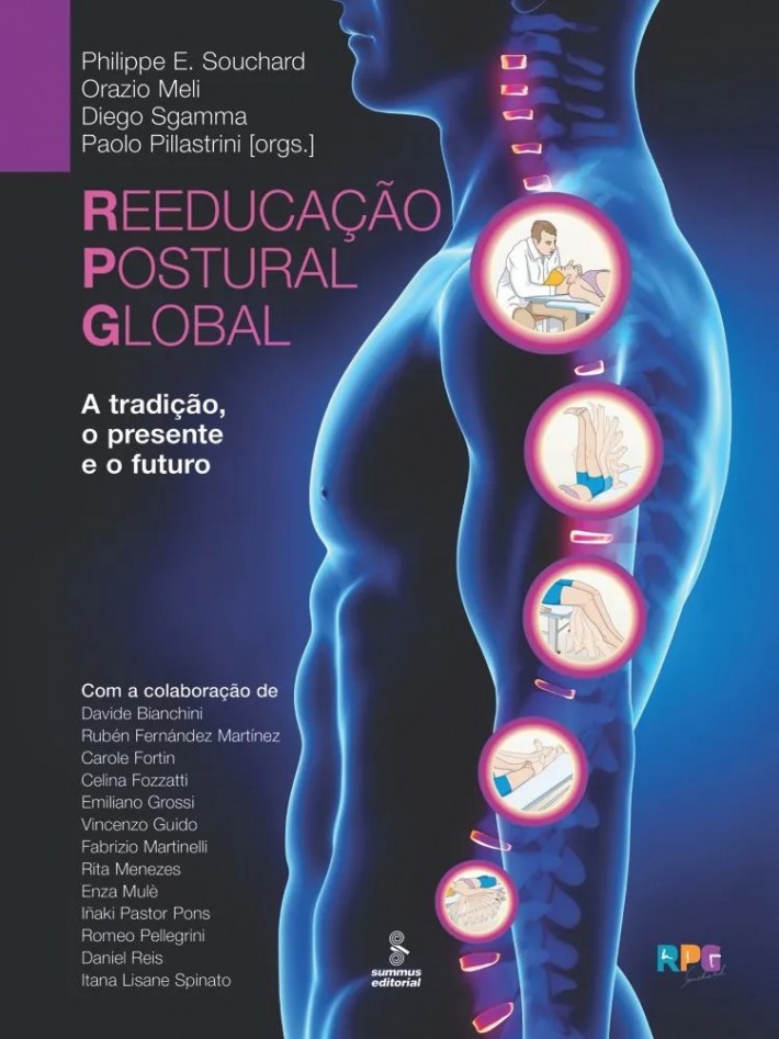 Capa do livro 'REEDUCAÇÃO POSTURAL GLOBAL - A tradição, o presente e o futuro' que tem o título e gravuras que representam alguns tratamentos aplicados no método.